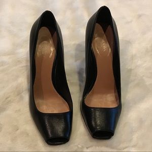 Prada black leather square open toe heels 37.5